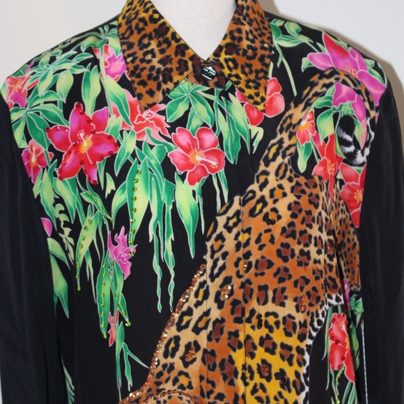 Diane Gilman, Black Shirt with Leopard and Floral Design blouse 100% Silk - Picture 8 of 11